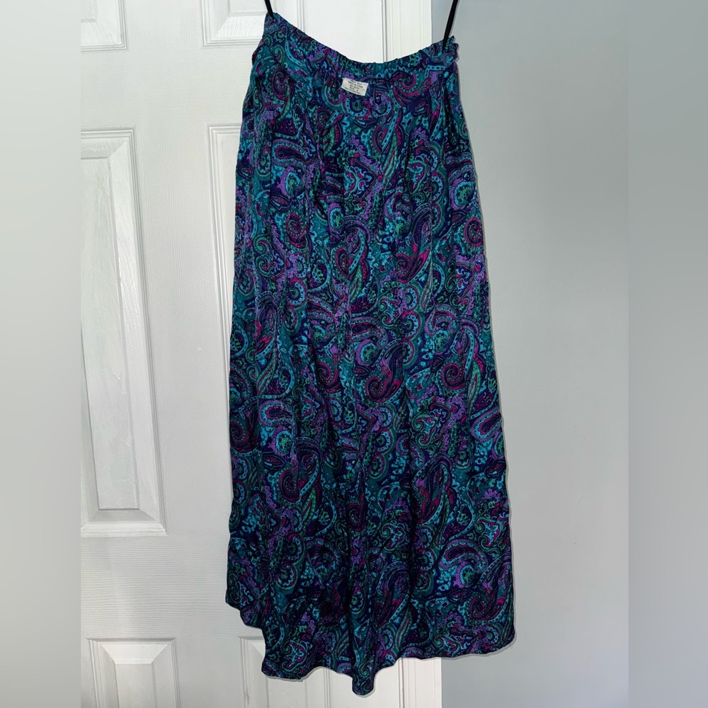 100% Silk Vintage Paisley Pleated Midi Skirt in Teal and Purple